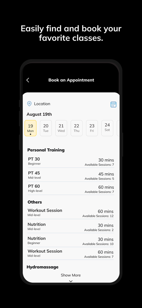 Courthouse Clubs - The Courthouse Clubs app screen for booking personal training and fitness appointments.