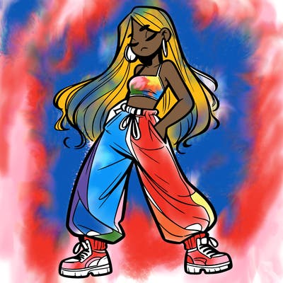 girl in baggy pants crop top and long hair