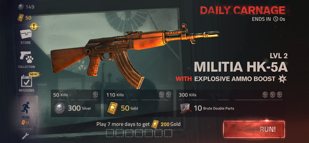 Into the Dead 2 - Menú del juego Into the Dead 2 que muestra el rifle de asalto Militia HK-5A y las recompensas de Carnicería Diaria.