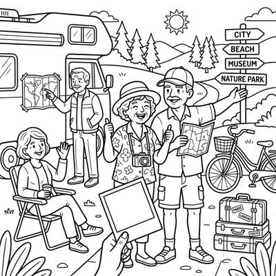 Join a group of cheerful seniors on their exciting RV vacation with this charming coloring page. Designed for comfort and accessibility, it offers a wonderful opportunity to color vibrant travel memories.