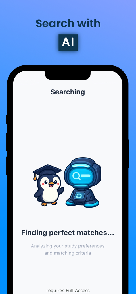 Penguni - Find College - Penguni app interface showing an AI-powered search for university matches with a penguin mascot and a robot.