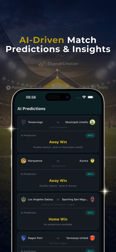 Soccer Predictions AI & Tips - Uma tela de smartphone exibindo o aplicativo Previsões de Futebol IA com probabilidades de vitória de partidas e insights impulsionados por IA para jogos de futebol internacionais