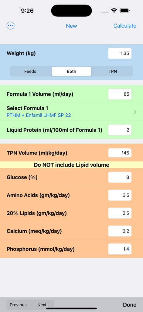 NICU Nutrition Calculator - NICU Nutrition Calculator input screen showing data entry for weight feeds and TPN parameters