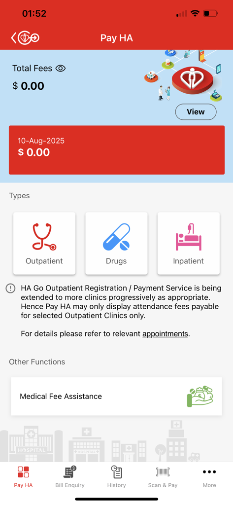 Screenshot of the HA Go app Pay HA feature displaying total fees and service categories like outpatient and drugs.