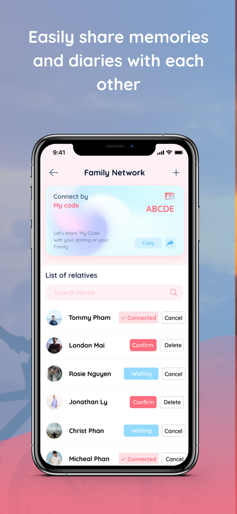 Interface of the MeLove app Family Network feature for sharing memories and diaries with relatives.