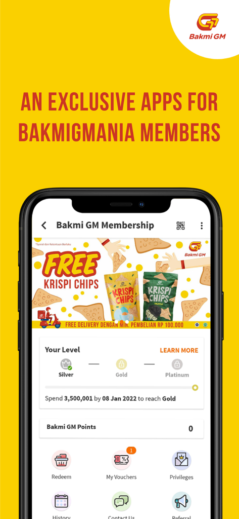 Bakmi GM - Bakmi GM app membership interface showing loyalty level and reward points