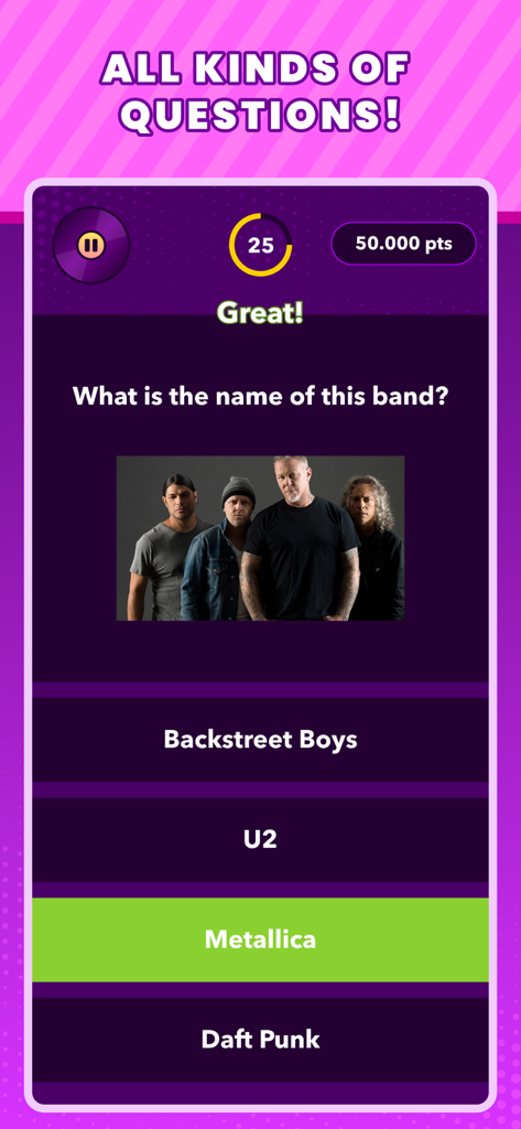 Trivial Music Quiz - A gameplay screenshot of Trivial Music Quiz showing a question asking to identify the band Metallica from a photo with multiple choice options.
