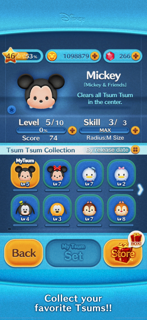 Una pantalla del menú de colección en la aplicación Disney Tsum Tsum que muestra a Mickey Mouse y otros personajes desbloqueados.