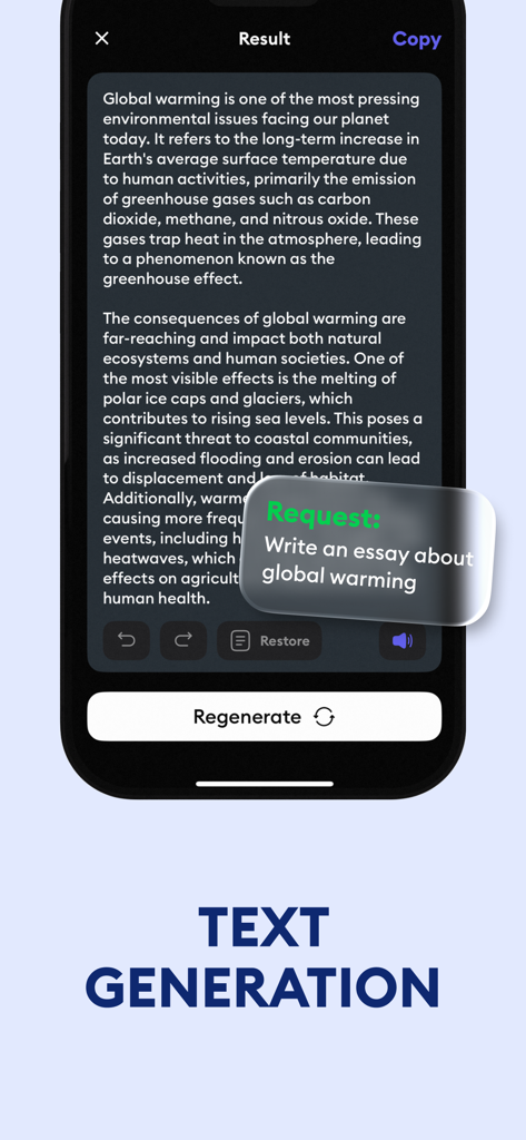 AiText: Grammar & Spell Check - Interface de l'application mobile AiText montrant un essai généré par IA sur le réchauffement climatique.