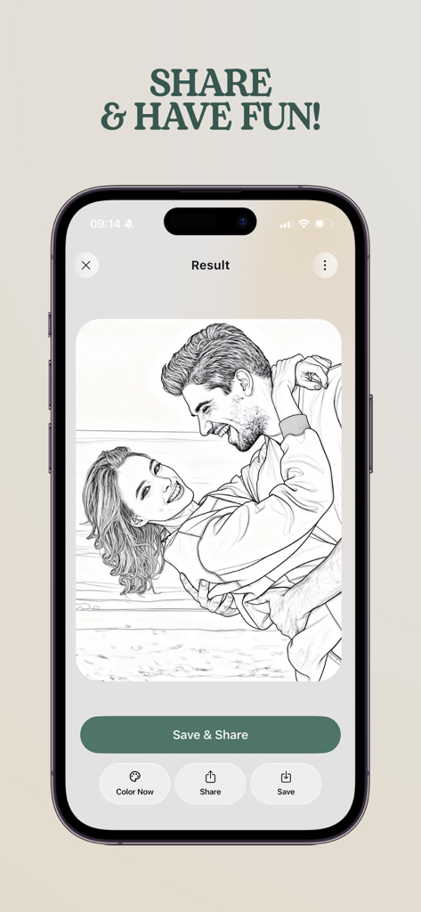Flow-Coloring Book for Adults - A personalized line art coloring page of a couple shown on the Flow app share screen.