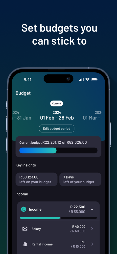 Vault22 - Vault22 app interface showing monthly budget tracking and income details