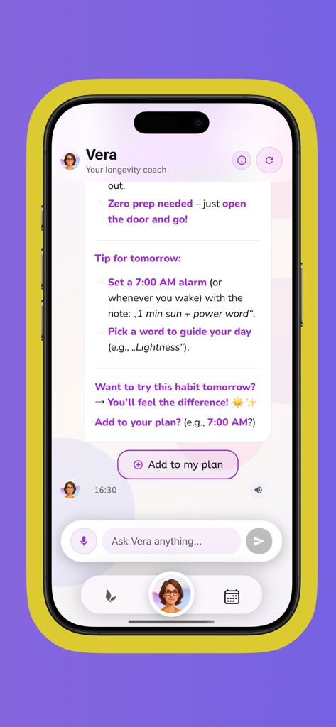 Spring for more healthy years - The Spring app interface showing Vera the AI longevity coach suggesting a daily morning routine and habit tips