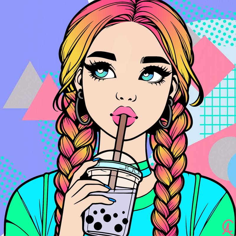 realistic girl with braided hair drinking boba
