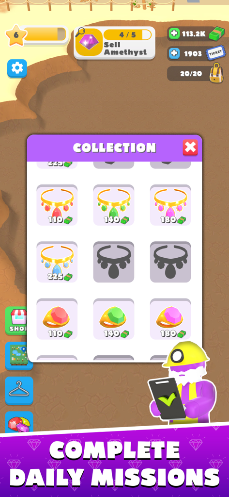 Miner Tycoon :  Big Dynamite - Jewelry collection menu and daily missions screen in Miner Tycoon Big Dynamite