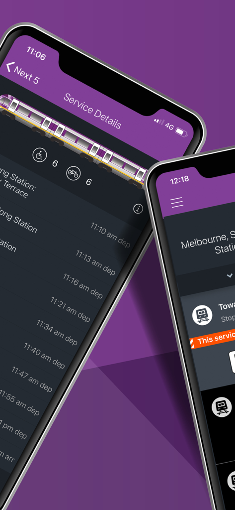 Screenshots of the V Line mobile app showing train service details and station departure times