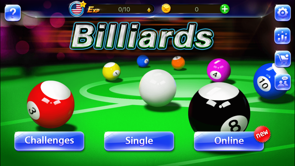 Main menu screen of 8 Ball Star Pool Billiards showing 3D pool balls on a table and game mode buttons