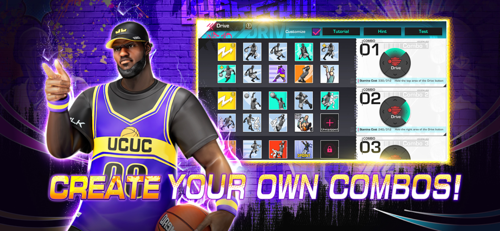 Basketrio: Allstar Streetball - A basketball player character standing next to a skill customization menu for creating move combos in Basketrio.