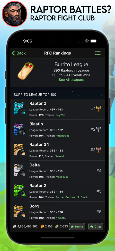 Farm RPG: Semi-Idle MMORPG - Uno screenshot che mostra la classifica del Raptor Fight Club nell'interfaccia del gioco mobile Farm RPG