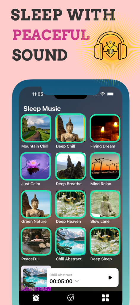 Benutzeroberfläche der Alarmy App mit einer Auswahl an beruhigender Schlafmusik und Meditationsklängen