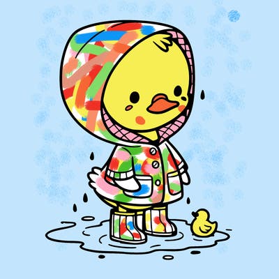 baby duck in a rain coat and boots, in a puddle while it’s raining