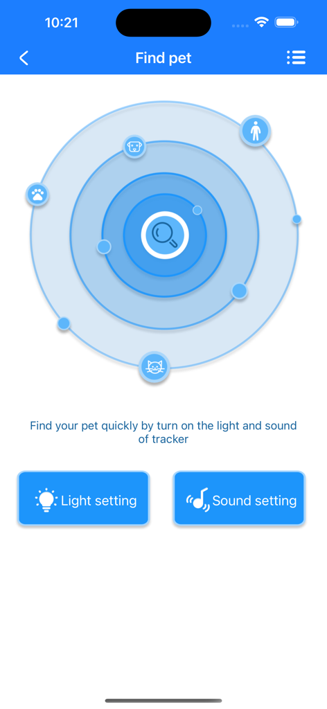Interfaz de búsqueda de mascotas de la aplicación AKSH GPS con un gráfico de radar y botones para configuraciones de luz y sonido para localizar un rastreador de mascotas.