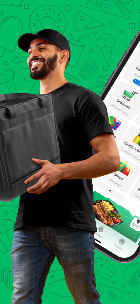 MRSOOL APP | تطبيق مرسول - A smiling delivery man carrying a large thermal bag with the Mrsool app interface in the background