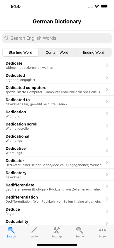 Englisch-Deutsch Wörterbuch-App-Suchoberfläche, die Übersetzungsergebnisse für Wörter anzeigt, die mit 'dedicate' beginnen