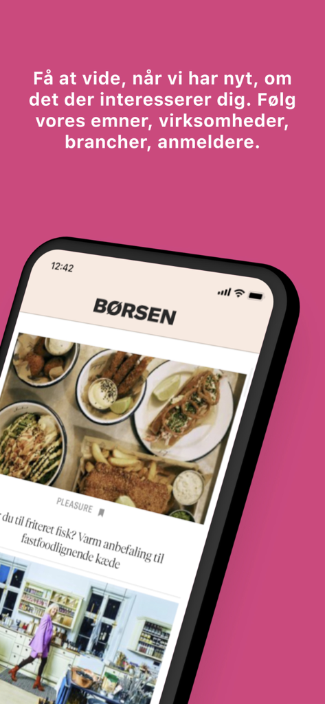 Smartphone screen displaying the Borsen app Pleasure section featuring a lifestyle article about food