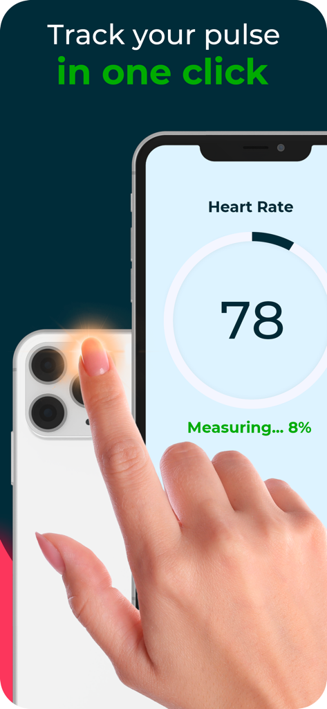 Pulsedo: Heart Rate Monitor - Pessoa medindo sua frequência cardíaca colocando o dedo sobre a lente da câmera do smartphone usando o aplicativo Pulsedo.