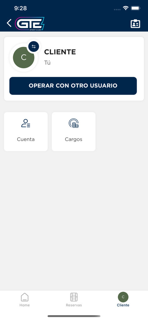 Club GTE - Club GTE app interface showing the user profile section with account and charges icons