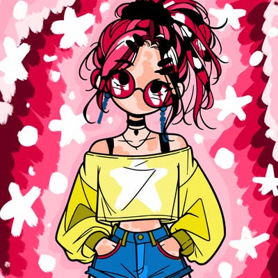 girl with a messy ponytail glasses a baggy crop top and jean shorts