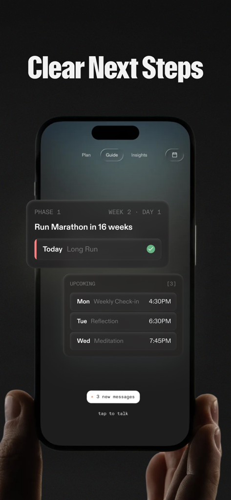 Flourish: Health & Fitness AI - Flourish app interface showing a marathon training plan with today's activity completed and a list of upcoming reflections and meditation sessions.