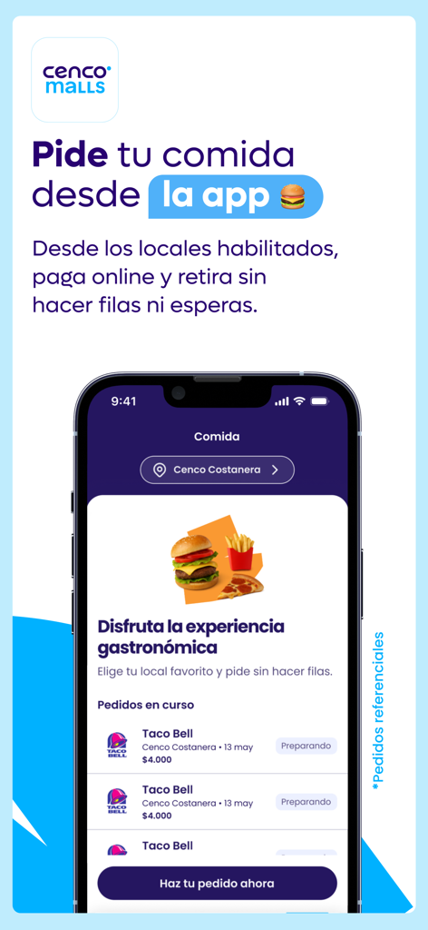 온라인으로 음식을 주문하고 쇼핑몰 줄을 건너뛰는 방법을 보여주는 Cenco Malls 앱 화면