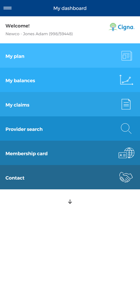 Cigna Health Benefits - Dashboard principale dell'app mobile Cigna Health Benefits che mostra le opzioni del menu utente