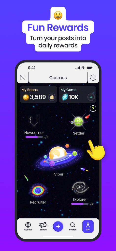 Viberse: A New Way to Social - Viberse mobile app interface showing a cosmic themed rewards system with beans gems and player levels