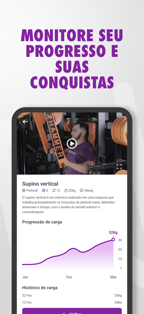 Next Fit app interface displaying a workout video and a line graph tracking weight progression for a chest press exercise