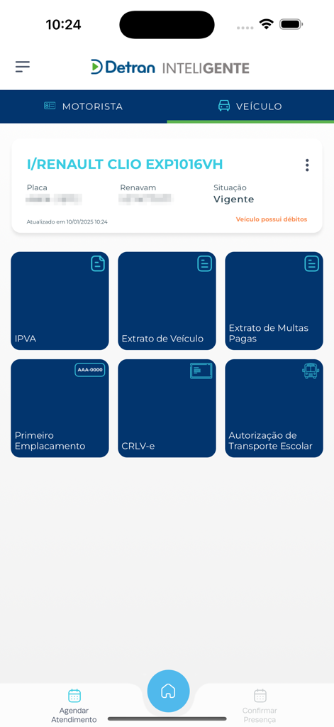 Detran/PR InteliGENTE - Vehicle management dashboard in Detran PR InteliGENTE app showing Renault Clio information and service options