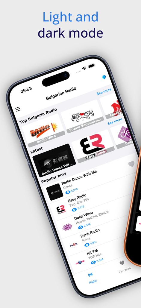 Die Benutzeroberfläche der Bulgarisches Radio Online App im Light Mode, die eine Auswahl der Top- und beliebten bulgarischen Radiosender wie Radio Ultra und Darik Radio anzeigt.