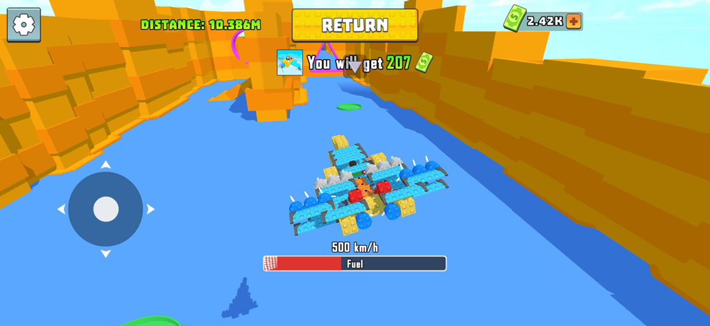 Build An AirPlane: Fly Master - A custom block airplane flying through a canyon over water in the game Build An AirPlane Fly Master.