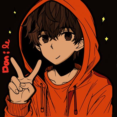 teenage manga boy in a hoodie, doing ✌