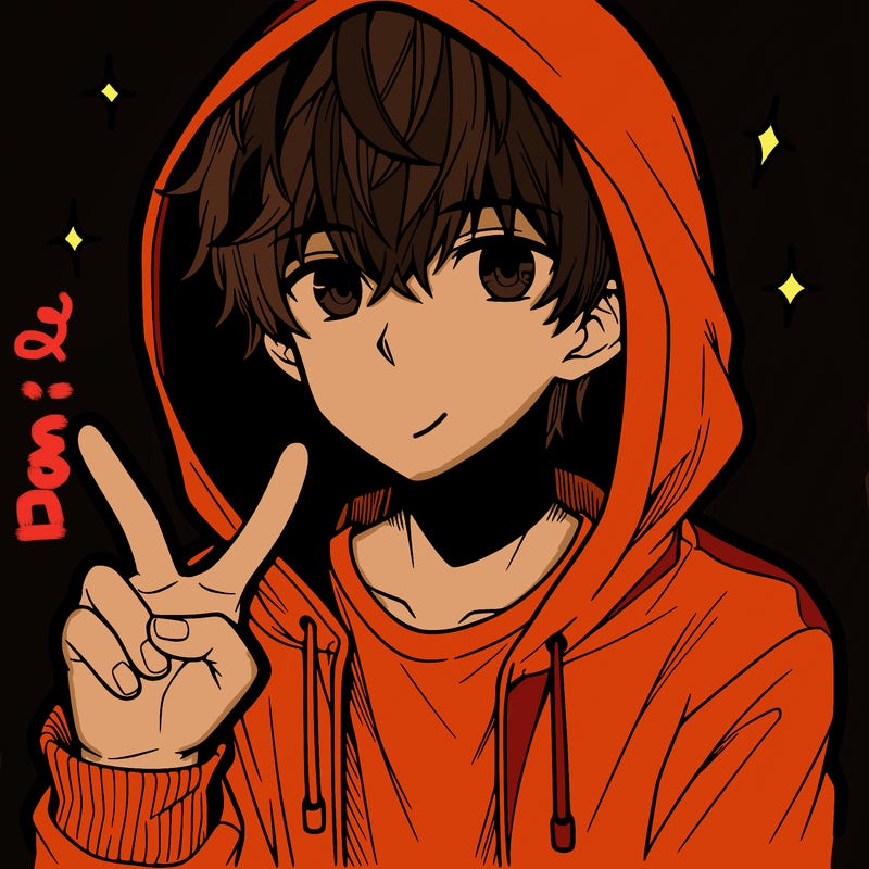teenage manga boy in a hoodie, doing ✌