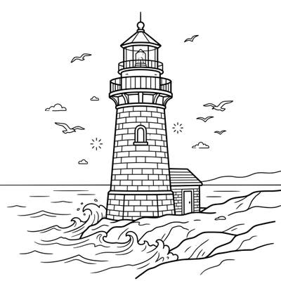 Embark on a seaside adventure with our captivating brick lighthouse coloring page, specially designed for kids aged 4-8. This charming illustration features a sturdy lighthouse, crashing ocean waves, and soaring seagulls, ready for a burst of color.