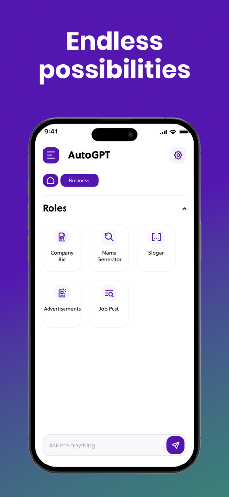 AutoGPTチャットボットインターフェース（名前ジェネレーターやスローガンメーカーなどのビジネス生産性テンプレート付き）を表示するスマートフォン画面。