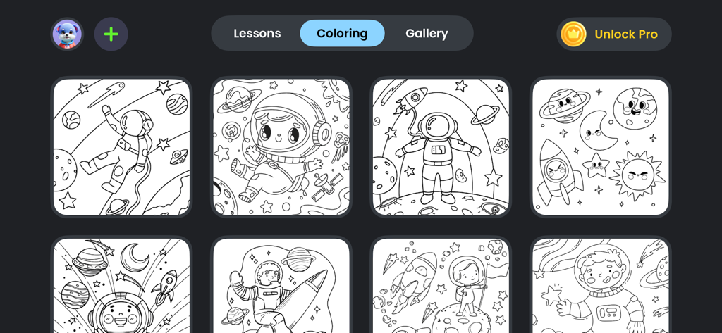 ArtWork: Simply Draw - Eine Galerie von Linienzeichnungen zum Thema Weltraum mit Astronauten und Planeten zum Ausmalen in der ArtWork App