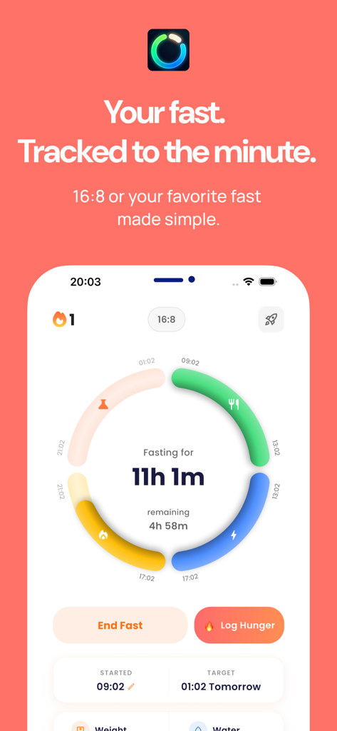 Fasted - Intermittent fasting - Fasted app dashboard showing an intermittent fasting timer for a 16 8 protocol with metabolic phase visualization