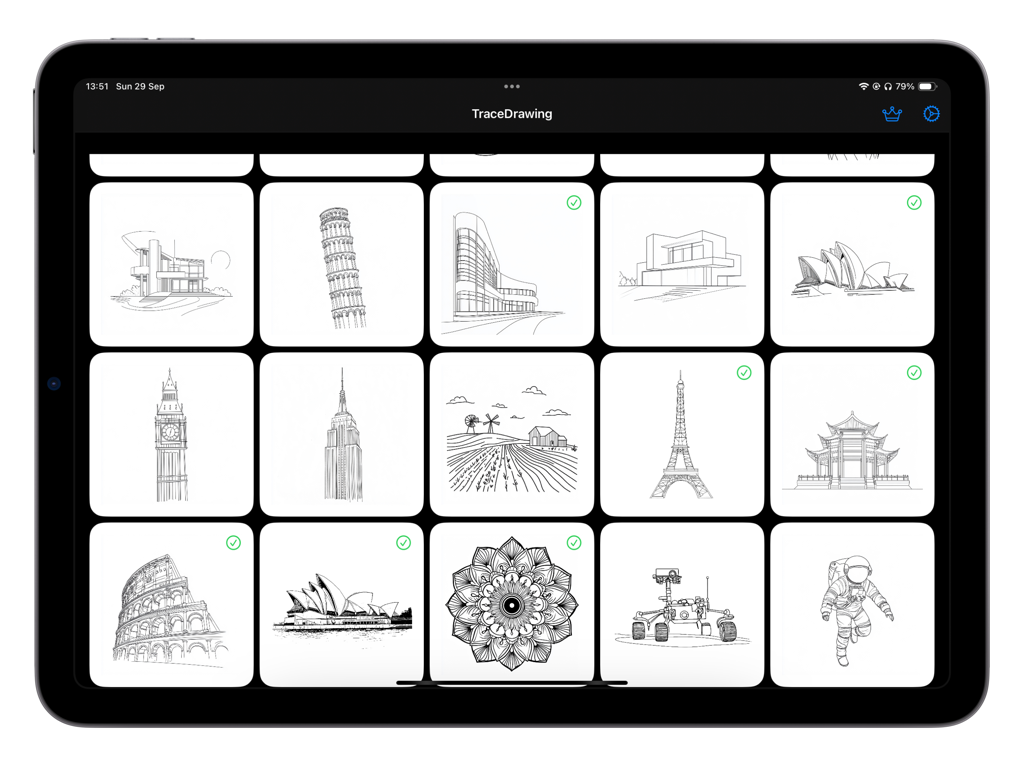 Trace Drawing - Una cuadrícula de varias plantillas de arte lineal para calcar en una pantalla de iPad, incluyendo monumentos del mundo y patrones