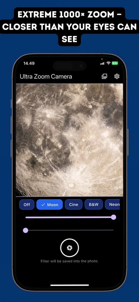 Ultra Zoom 1000x Moon Camera - Ultra Zoom Camera App-Oberfläche, die extremen Zoom auf die Mondoberfläche mit Filtern zeigt