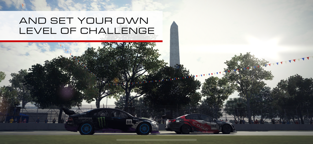 GRID™ Autosport Custom Edition - ワシントン記念塔を背景にした市街地トラックで、並んで走る2台の高性能レーシングカー。