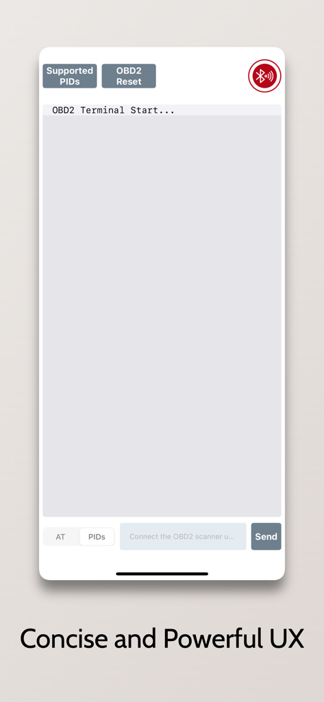 OBDII Terminal ELM327 app interface showing terminal start screen and command options