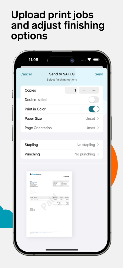 YSoft SAFEQ mobile interface showing print finishing options and document preview.